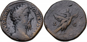 Divus Marcus Aurelius (died 180 AD). AE Sestertius. Consecration issue. Struck under Commodus, 180 AD. Obv. Bare head right. Rev. Divus Marcus Aureliu...
