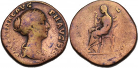 Faustina II (died 176 AD). AE Sestertius. Struck under Antoninus Pius, 145-146. Obv. Diademed and draped bust right. Rev. Pudicitia seated left, drawi...
