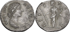 Faustina II, wife of Marcus Aurelius (died 176 AD). AR Denarius, 161-176. Obv. Draped bust right. Rev. Hilaritas standing left, holding palm and cornu...