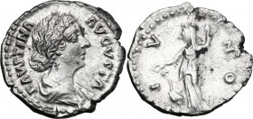 Faustina II (died 176 AD). AR Denarius. Obv. FAVSTINA AVGVSTA. Draped bust right. Rev. IVNO. Juno veiled, standing left, holding patera and sceptre; a...