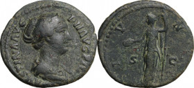 Faustina II (died 176 AD). AE As. Struck under Antoninus Pius, 145-146. Obv. Draped bust right, hair tied in pearls. Rev. Juno standing left, holding ...
