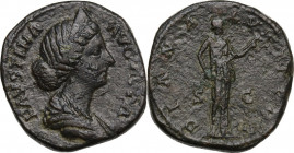 Faustina II (died 176 AD). AE As, Rome, struck 161-175 AD. Obv. Draped bust of Faustina to right. Rev. Diana standing right, holding long torch in bot...