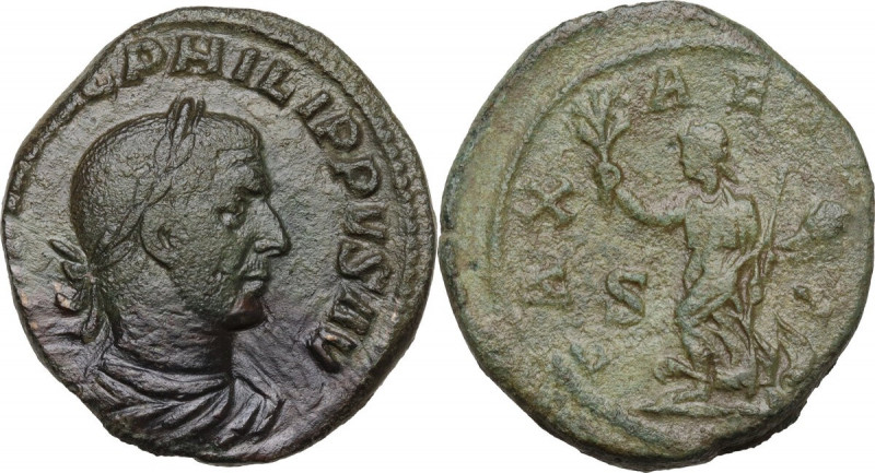 Philip I (244-249). AE Sestertius. Obv. Bust right, laureate. draped. Rev. Pax r...