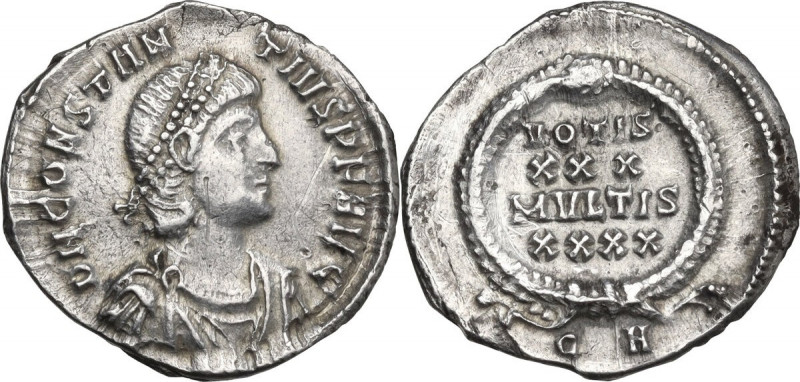 Constantius II (337-361). AR Siliqua, Constantinople mint. Obv. Bust right, diad...