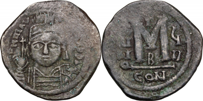 Maurice Tiberius (582-602). AE Follis. Constantinople mint, 2nd officina. Dated ...