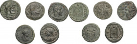 Roman Empire. Multiple lot of five (5) unclassified AE coins of 3rd-4th centuries, including an interesting and rare bronze core of a fourrée denarius...