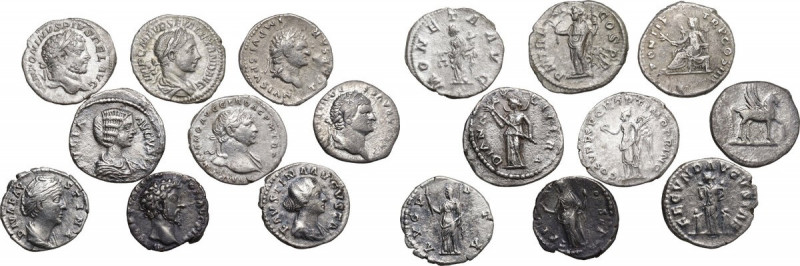 The Roman Empire. Lot of 9 AR Denarii; including: Faustina II, Vespasian, Caraca...