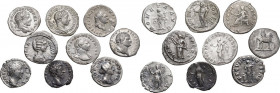 The Roman Empire. Lot of 9 AR Denarii; including: Faustina II, Vespasian, Caracalla, Faustina I, Severus Alexander, Julia Domna, Domitian, Trajan. Abo...