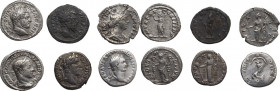 The Roman Empire. Lot of six (6) AR Denarii; including: Severus Alexander, Domitian, Antoninus Pius, Caracalla, Faustina II and Septimius Severus. VF:...