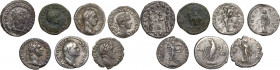 The Roman Empire. Lot of 7 AR denominations; including: Geta, Caracalla, Vespasian, Antoninus Pius, Domitian, Severus Alexander and Aurelian. VF:About...
