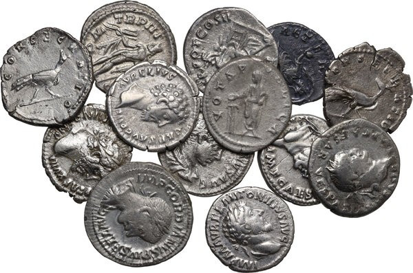 The Roman Empire. Lot of 13 AR Denarii; including: Gordian III, Marcus Aurelius,...