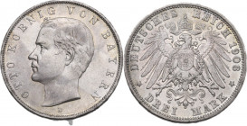 Germany. Bayern. Otto (1886-1913). AR 3 Mark, Munich mint, 1908. Obv. Head of Otto left. Rev. Imperial eagle. AR. 16.71 g. 33.00 mm. Golden patina. Go...