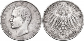 Germany. Bayern. Otto (1886-1913). AR 3 Mark, Munich mint, 1910. Obv. Head of Otto left. Rev. Imperial eagle. AR. 16.59 g. 33.00 mm. About VF/VF.