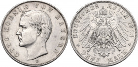 Germany. Bayern. Otto (1886-1913). AR 3 Mark, Munich mint, 1911. Obv. Head of Otto left. Rev. Imperial eagle. AR. 16.66 g. 33.00 mm. VF.