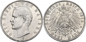 Germany. Bayern. Otto (1886-1913). AR 3 Mark, Munich mint, 1912. Obv. Head of Otto left. Rev. Imperial eagle. AR. 16.64 g. 33.00 mm. Scratches on obve...