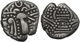India. Post-Gupta (Chaulukya-Paramara). AR Drachm, c. 950-1050 AD. Obv. Indo-Sasanian style bust right; pellets and ornaments around. Rev. Stylized fi...