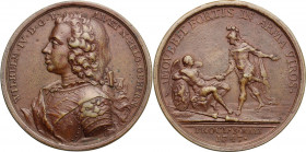 Netherlands. Wilhelm IV Prince of Orange Nessau (1711-1751). AE Medal, 1747. Obv. Bust left. Rev. Prince as Mars advancing left, grabbing hand of the ...