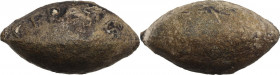 Lead slingshot bullet with inscription. Greek. 5th-2nd century BC. PB. 29.70 g. 30.00 mm.