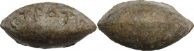 Lead slingshot bullet with inscription. Greek. 5th-2nd century BC. PB. 30.20 g. 30.00 mm.