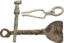 Lot of 3 bronze utensils. Bronze and iron. Roman period, 1st-3rd century AD. 95 mm, 60mm, 50 mm.