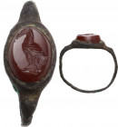 Bronze ring with red carnelian intaglio (standing bird). Roman, 1st-3rd century AD. Inner diameter: 13 mm.