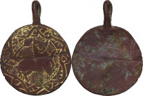 Gold inlaid AE pendant, decorated with zoomorphic figure. Uncertain period. AE.