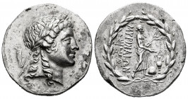 Aeolis. Myrina. Tetradrachm. 155-145 BC. Stephanophoric type. (Sacks-issue 42). Anv.: Laureate head of Apollo right. Rev.: Apollo Grynios standing rig...