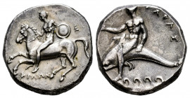 Calabria. Nomos. 281-272 BC. Philon magistrate. (Vlasto-685). (HN Italy-964). (Hgc-1, 815). Anv.: Nude youth on horseback to left, holding shield; EI....