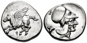 Corinthia. Corinth. Stater. 375-300 BC. (CD Corinth-unlisted). (Pegasi-157). (Bmc-346). Anv.: Ϙ Pegasus with straight wing flying to left. Rev.: Head ...