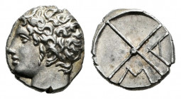Galia. Massalia. Obol. 121-49 BC. (Seaby-72). (Depeyrot-58). Anv.: Bare head of Apollo left. Rev.: MA within wheel of four spokes . Ag. 0,61 g. Very w...
