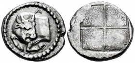Macedon. Akanthos. Tetrobol. 430-390 BC. (Hgc-3.1, 392). Anv.: Forepart of bull left, head right; A above. Rev.: Quadripartite incuse square. Ag. 2,22...