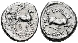 Sicily. Messana. Tetradrachm. 450-420 BC. (Sng Ans-343). (Dewing-643 similar). Anv.: Charioteer, holding reins in his right hand and kentron in his le...