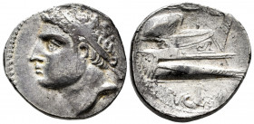 Hispanic-Carthaginian Coinage. Dishekel. 235-220 BC. Cartagena. (Abh-481). (Acip-542). Anv.: Diademed male head left. Rev.: Prow of ship with two shie...