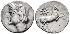 Hispanic-Carthaginian Coinage. Shekel. 220-215 BC. Cartagena (Murcia). (Abh-493). (Acip-567). Anv.: Head of Tanit left. Rev.: Horse jumping, star abov...