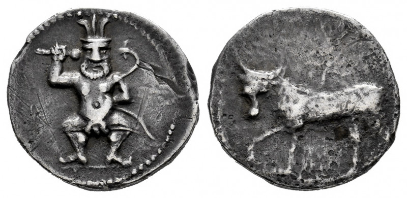 Ebusus. Hemidrachm. 200-100 BC. Ibiza. (Abh-915). (Acip-717). Anv.: Bes wearing ...