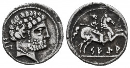 Sekia. Denarius. 120-20 BC. Ejea de los Caballeros (Zaragoza). (Abh-2156). Anv.: Bearded head right, iberian letters ON behind. Rev.: Horseman right, ...