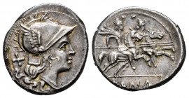 Anonymous. Denarius. 200-190 BC. South of Italy. (Ffc-7). (Craw-44/5). (Cal-1). Anv.: Head of Roma right, X behind. Rev.: The Dioscuri riding right, s...