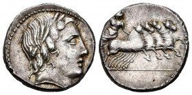 Anonymous. Denarius. 86 BC. Rome. (Ffc-85). (Craw-350/A2). (Cal-59). Anv.: Laureate head of Apolo Vejovis right. Rev.: Jupiter in quadriga right. Ag. ...