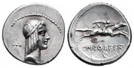 Calpurnius. C. Calpurnius Piso Frugi. Denarius. 64 BC. Rome. (Ffc-409). (Craw-340/1). (Cal-342f). Anv.: Diademed head of Apollo right, ··· three pelle...