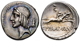 Calpurnius. C. Calpurnius Piso Frugi. Denarius. 64 BC. Rome. (Ffc-501). (Craw-408). (Cal-357a). Anv.: Diademed head of Apollo left, symbol behind head...