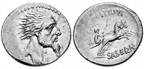 Hostilius. L. Hostilius Saserna. Denarius. 48 BC. Rome. (Ffc-754). (Craw-448/2a). (Cal-622). Anv.: Head of Vercingetorix right, Gaulish shield behind....