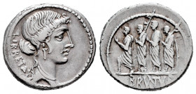 Junius. Q. Caepio Brutus. Denarius. 54 BC. Rome. (Ffc-794). (Craw-433/1). (Cal-873). Anv.: LIBERTAS behind head of Liberty right. Rev.: The consul L. ...