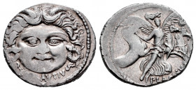 Plautius. L. Plautius Plancus. Denarius. 47 BC. Rome. (Ffc-1003). (Craw-453/1a). (Cal-1131). Anv.: Mask of Medusa, facing, hair dishevelled, with setp...