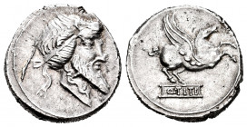 Titius. Q. Titius. Denarius. 90 BC. Central Italy. (Ffc-1142). (Craw-341/1). (Cal-1301). Anv.: Head of Mutinus Titinus right, bound with winged diadem...