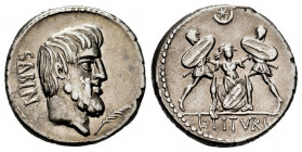 Titurius. L. Titurius L.f. Sabinas. Denarius. 89 BC. Rome. (Ffc-1156). (Craw-344/2b). (Cal-1312). Anv.: Head of Tatius right, SABIN behind, palm below...