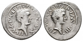 Lepidus and Octavian (Agustus). Denarius. 42 BC. Galia. (Ffc-5). (Craw-495/2a). (Cal-111). Anv.: LEPIDVS PONT. MAX. lll V.R.P.C., (NT and MA interlace...