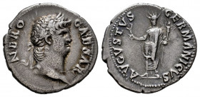 Nero. Denarius. 64-65 AD. Rome. (Ric-47). (Bmcre-60). (Rsc-45). Anv.: NERO CAESAR. Laureate head right. Rev.: AVGVSTVS GERMANICVS. Nero standing facin...
