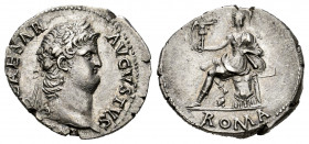 Nero. Denarius. 64-65 AD. Rome. (Ric-55). (Rsc-258). Anv.: NERO CAESAR AVGVSTVS, Busto laureado a la derecha. Rev.: ROMA, Roma seated left on cuirass,...