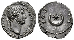 Hadrian. Denarius. 125-128 AD. Rome. (Ric II-3, 865). Anv.: HADRIANVS AVGVSTVS P P, laureate bust right. Rev.: COS III, star within crescent; globe be...
