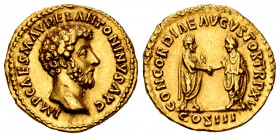 Marcus Aurelius. Aureus. 161 AD. Rome. (Ric-10). (Calicó-1822). (Bmcre-7). Anv.: IMP CAES M AVREL ANTONINVS AVG, laureate head right. Rev.: CONCORDIAE...